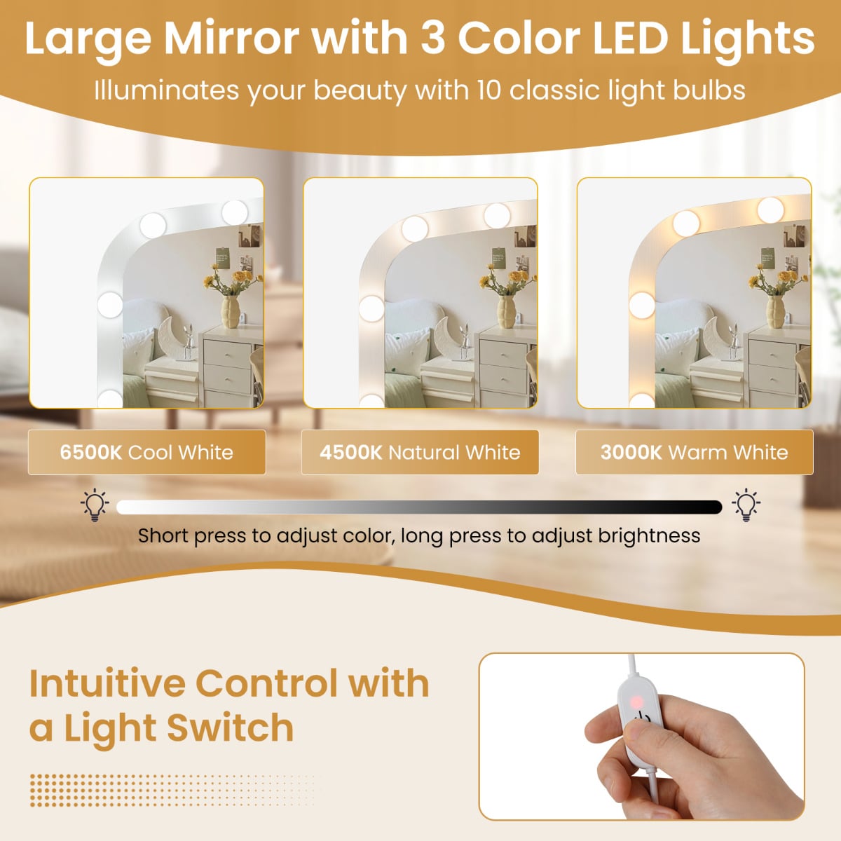 108 CM Wide Vanity Desk with Mirror and Lights for Bedroom-White