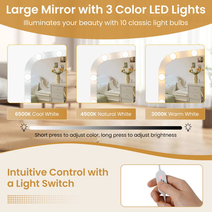 108 CM Wide Vanity Desk with Mirror and Lights for Bedroom-White