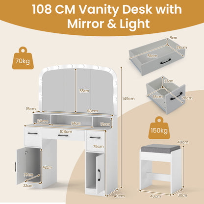 108 CM Wide Vanity Desk with Mirror and Lights for Bedroom-White
