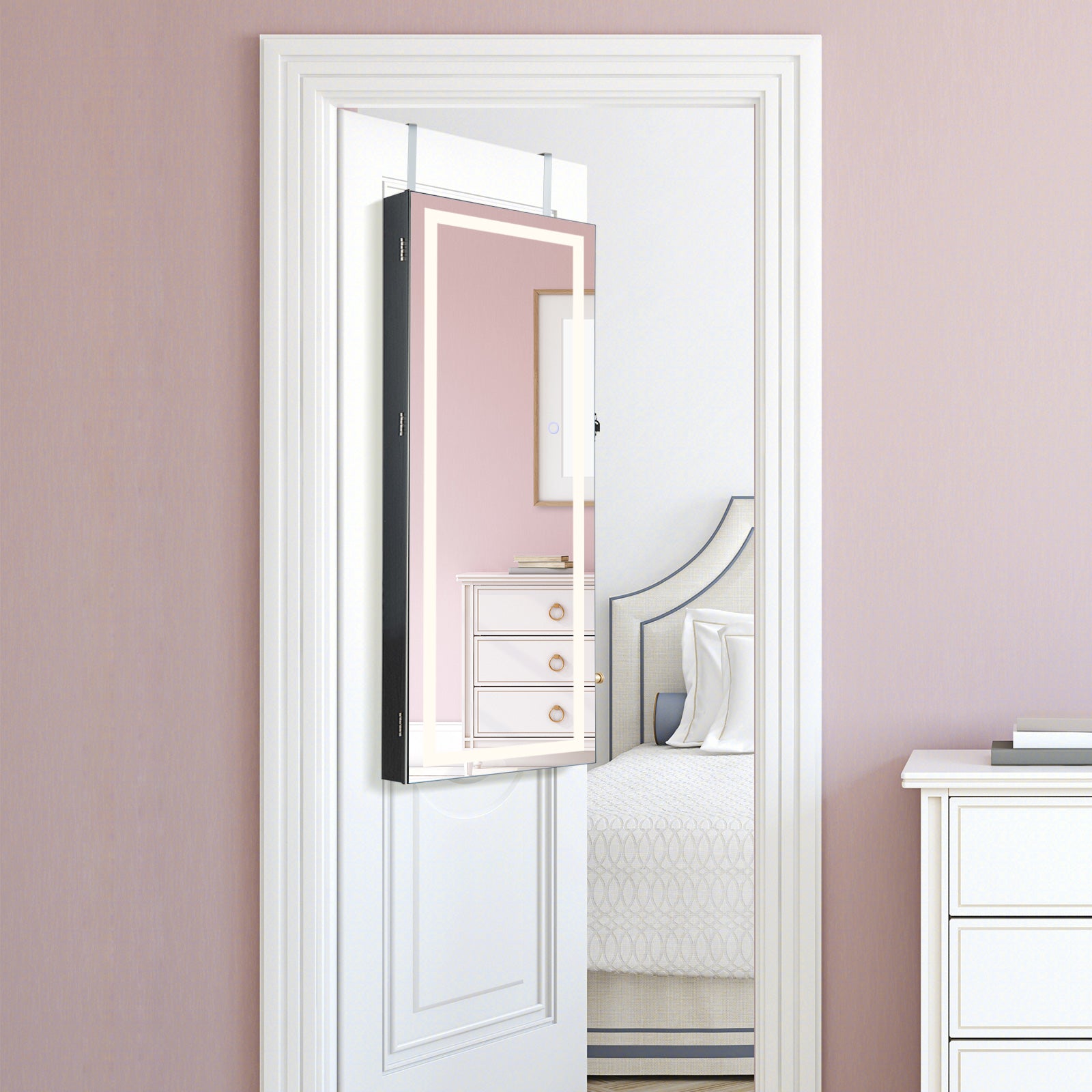 108cm Lockable Jewelry Mirror Cabinet with 3-Color LED Lights-Black1