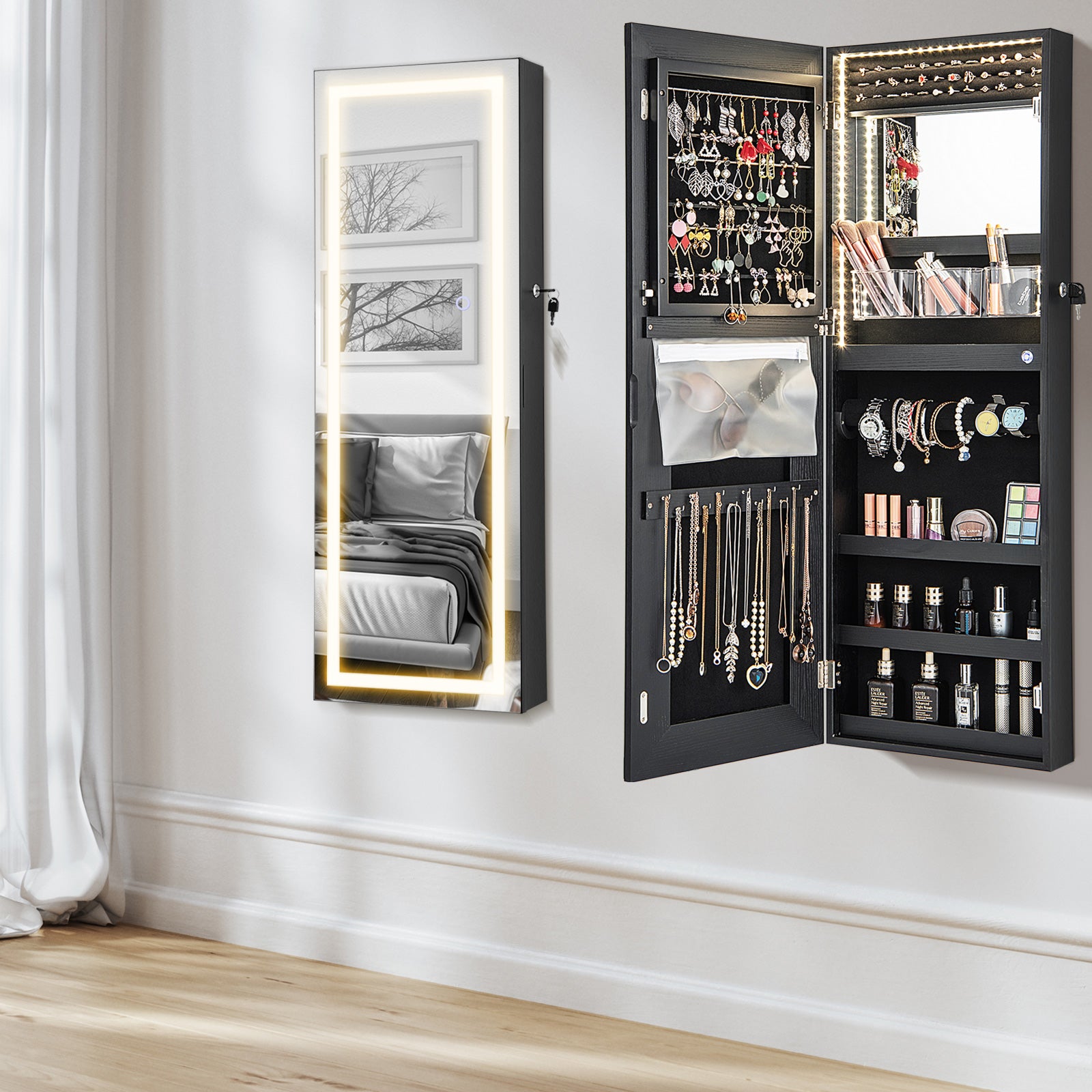 108cm Lockable Jewelry Mirror Cabinet with 3-Color LED Lights-Black1