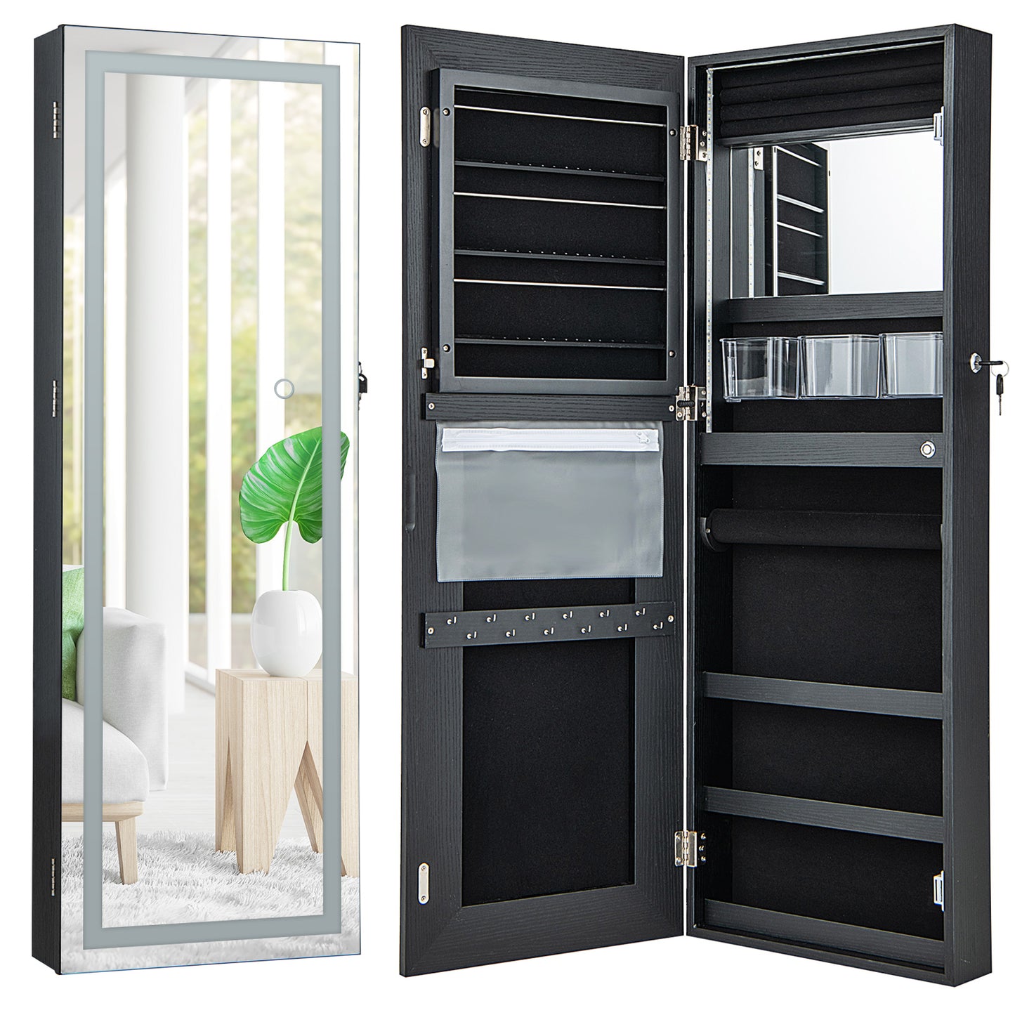 108cm Lockable Jewelry Mirror Cabinet with 3-Color LED Lights-Black1