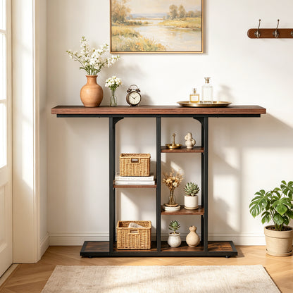 109 cm Console Table with Storage Shelves-Rustic Brown