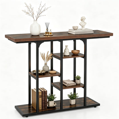 109 cm Console Table with Storage Shelves-Rustic Brown