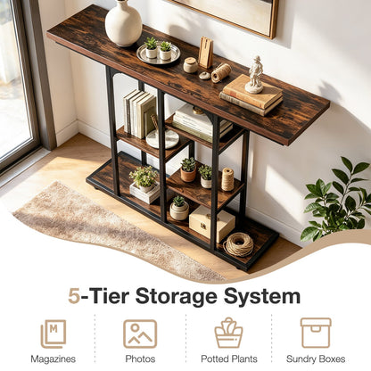 109 cm Console Table with Storage Shelves-Rustic Brown