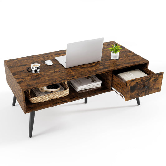 109cm Rectangular Coffee Table with Drawer and Storage Shelf in Rustic Brown