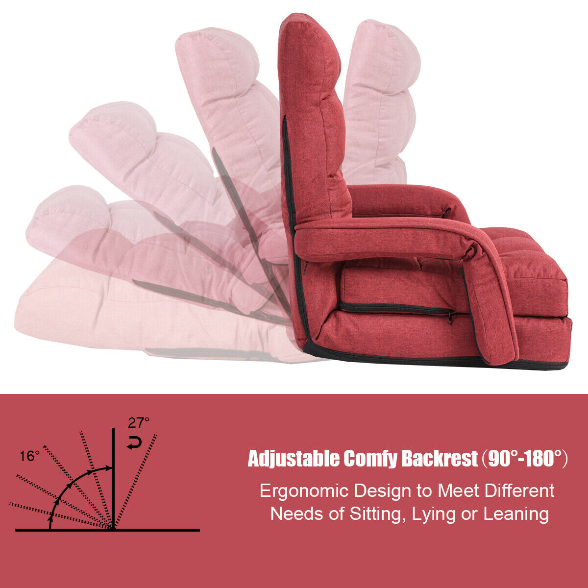 Adjustable Folding Floor Lazy Chair with Pillow-Red