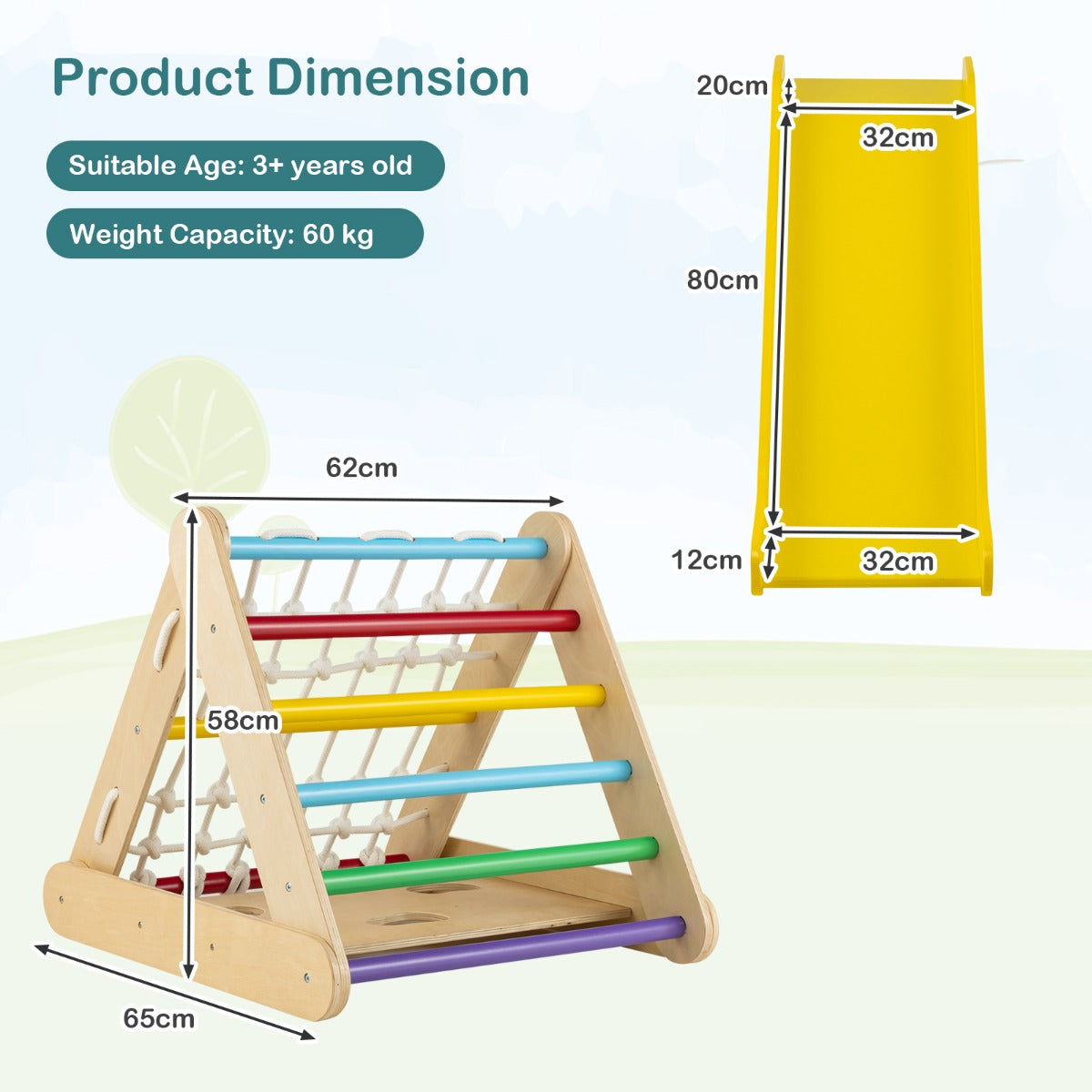 4-in-1 Wooden Triangle Climbing Set with Ramp Sliding Board-Colourful