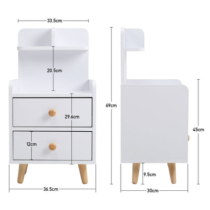 White Wooden Bedside Table with Wooden Legs and Drawers