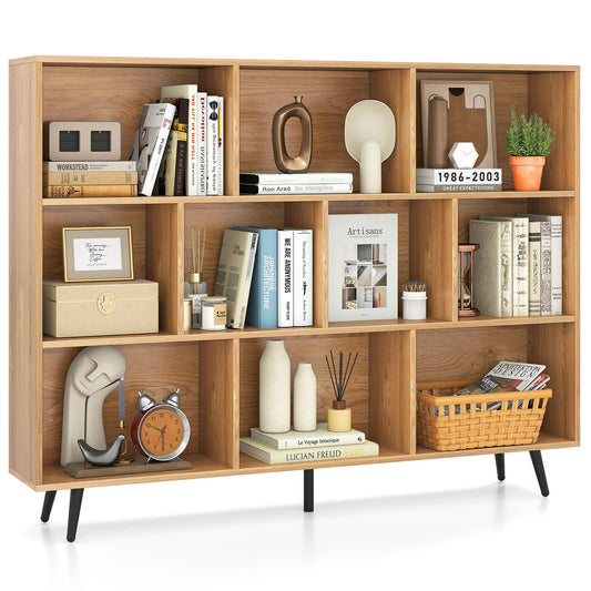 10-Cube Bookcase 140 CM Storage Organizer with 5 Tapered Metal Legs-Natural