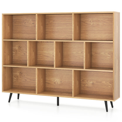 10-Cube Bookcase 140 CM Storage Organizer with 5 Tapered Metal Legs-Natural