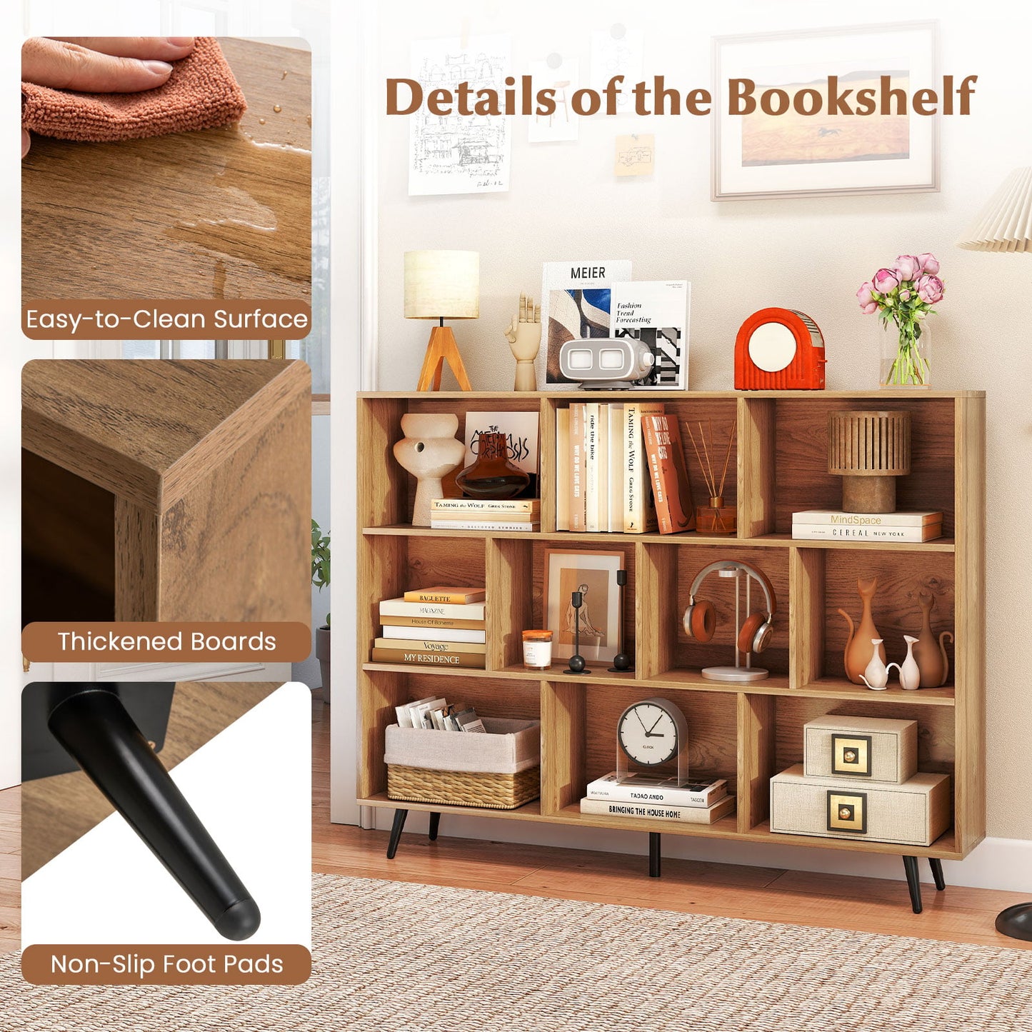 10-Cube Bookcase 140 CM Storage Organizer with 5 Tapered Metal Legs-Natural
