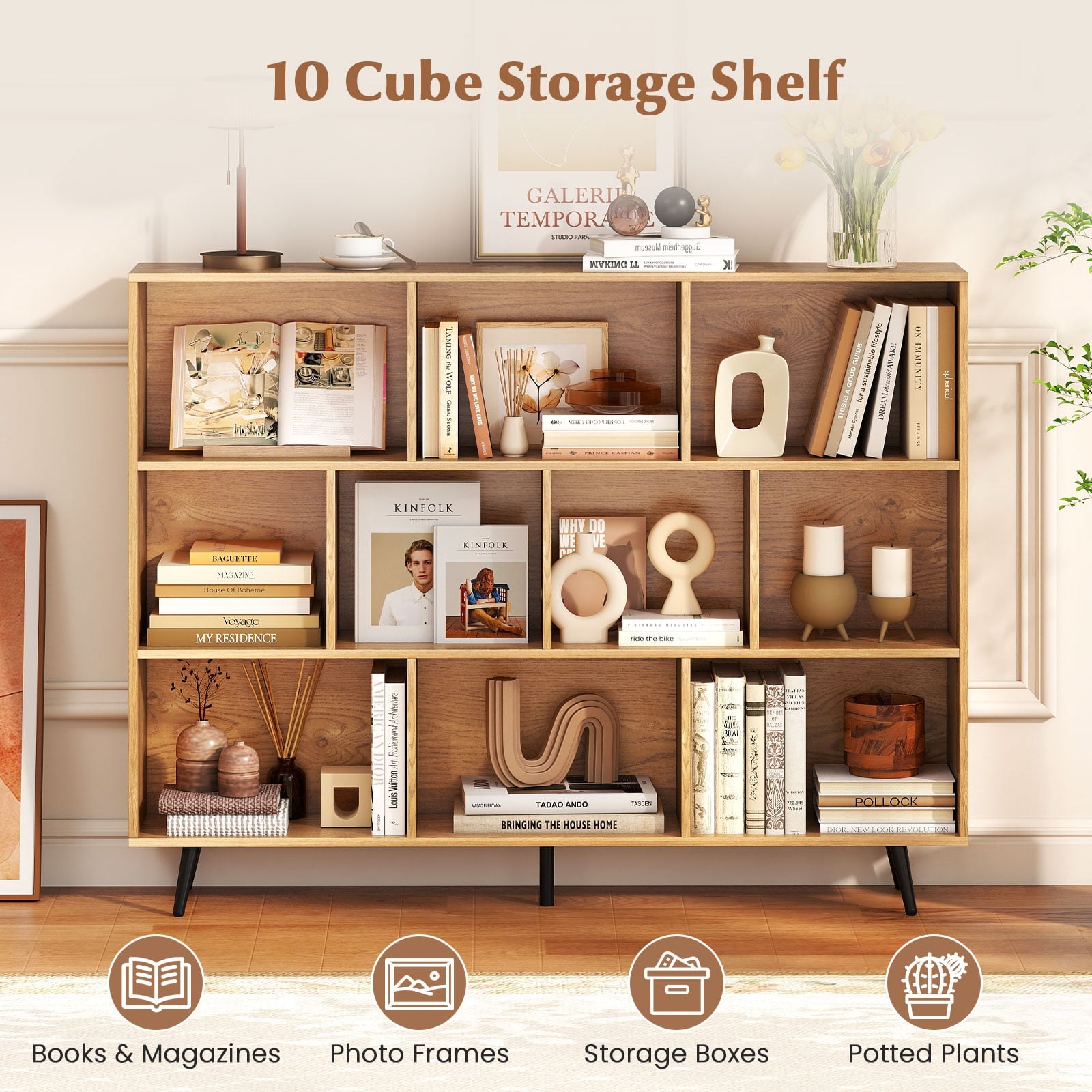 10-Cube Bookcase 140 CM Storage Organizer with 5 Tapered Metal Legs-Natural