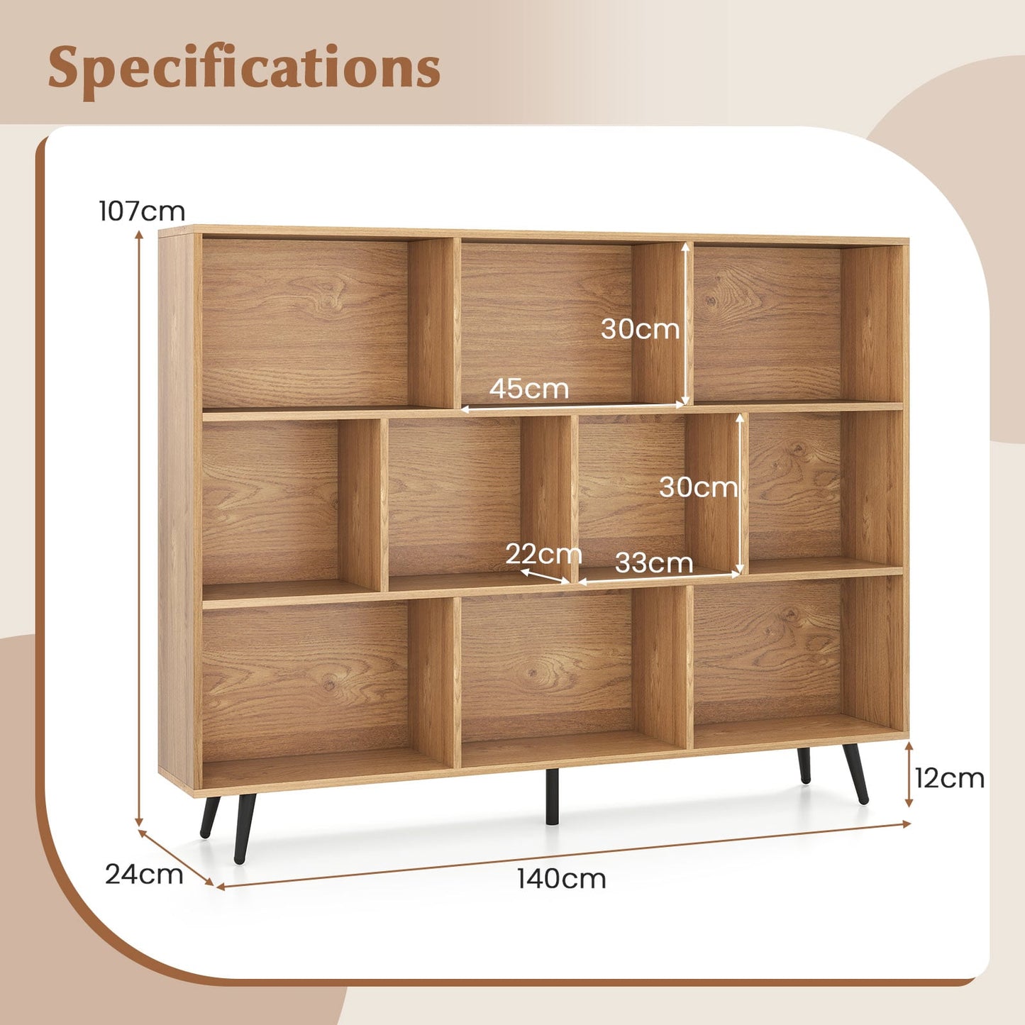 10-Cube Bookcase 140 CM Storage Organizer with 5 Tapered Metal Legs-Natural