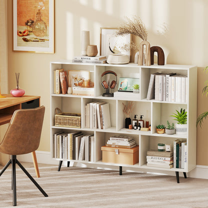 10-Cube Bookcase 140 CM Storage Organizer with 5 Tapered Metal Legs-White