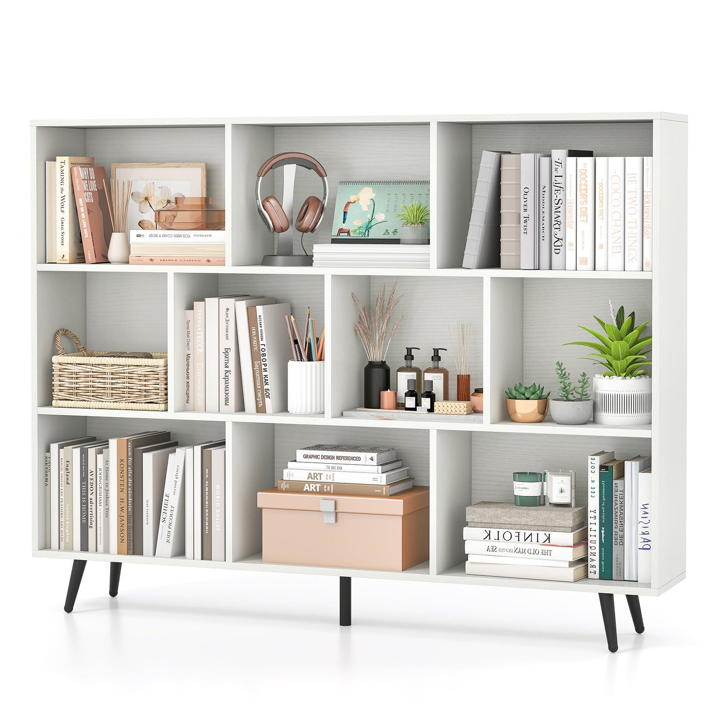 10-Cube Bookcase 140 CM Storage Organizer with 5 Tapered Metal Legs-White