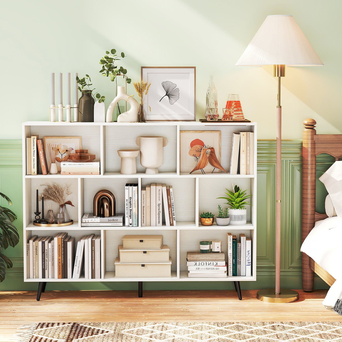 10-Cube Bookcase 140 CM Storage Organizer with 5 Tapered Metal Legs-White