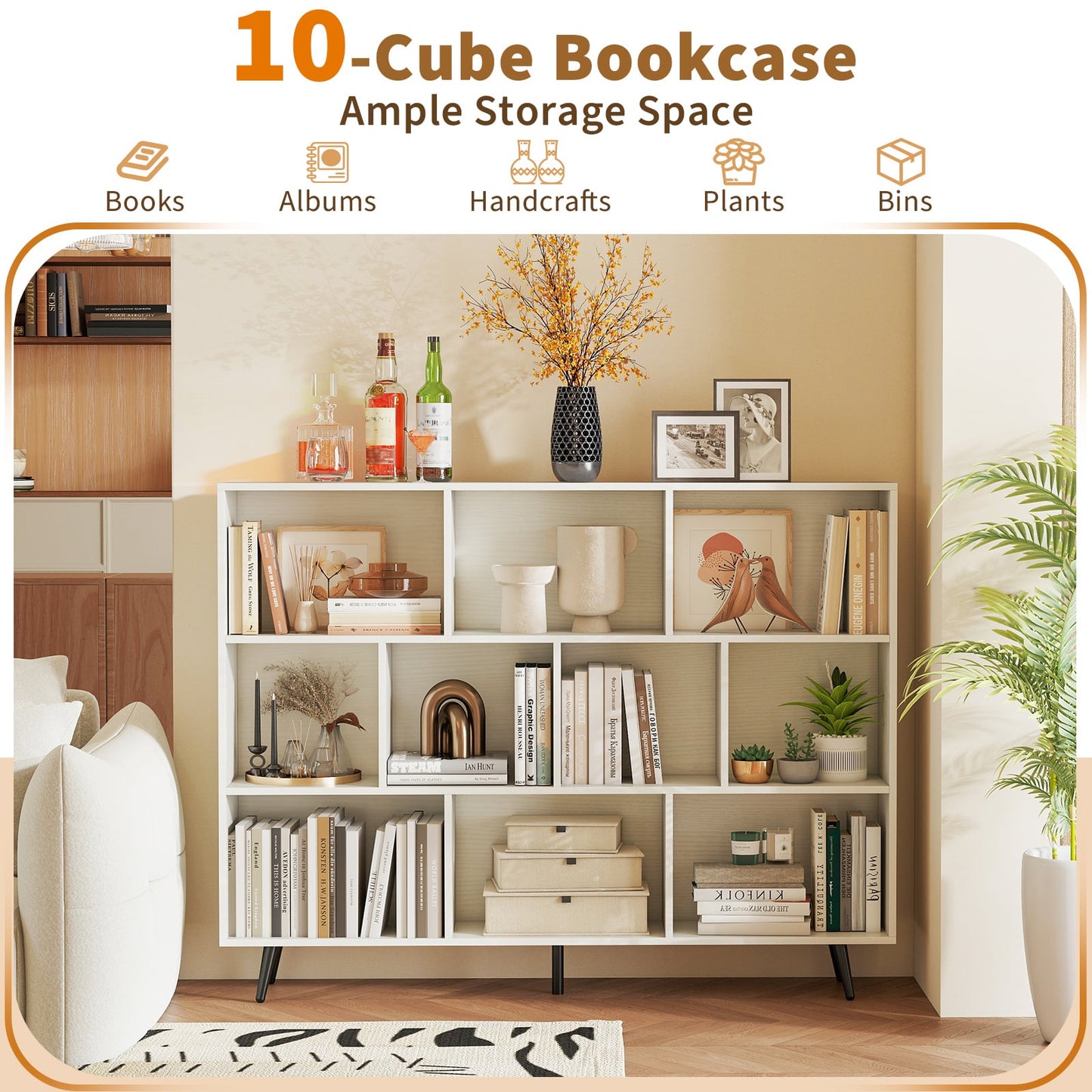 10-Cube Bookcase 140 CM Storage Organizer with 5 Tapered Metal Legs-White