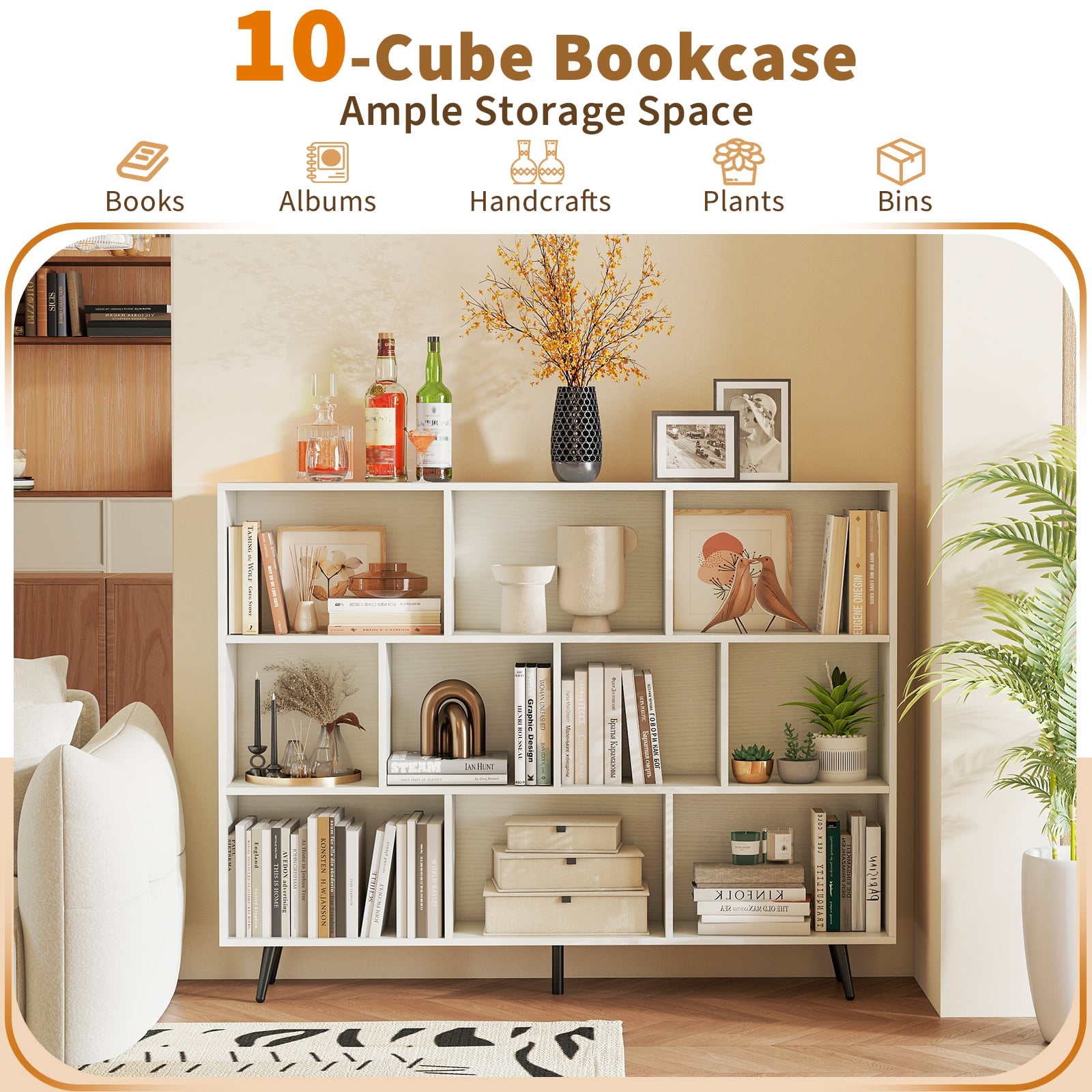 10-Cube Bookcase 140 CM Storage Organizer with 5 Tapered Metal Legs-White