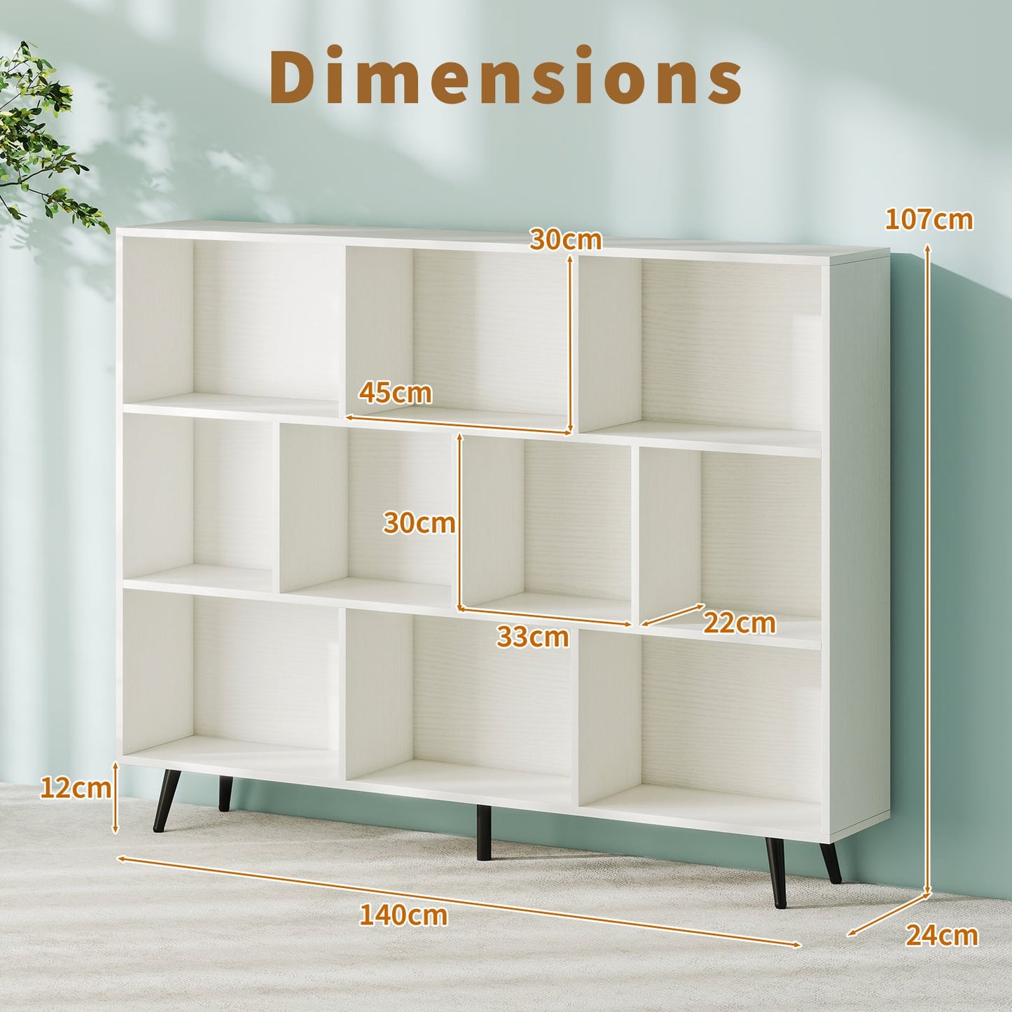 10-Cube Bookcase 140 CM Storage Organizer with 5 Tapered Metal Legs-White