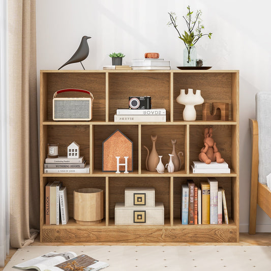10-Cube Bookshelf Freestanding Storage Organizer with 2 Anti-Tipping Kits-Natural