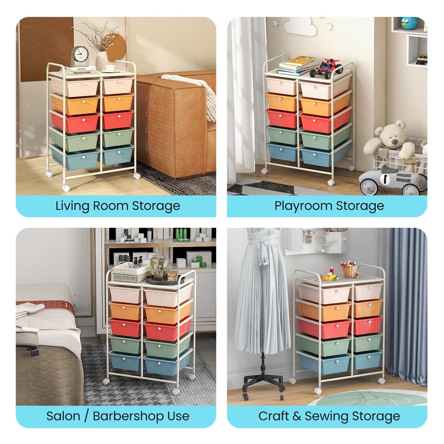 10-Drawer Rolling Storage Cart-Multicolor
