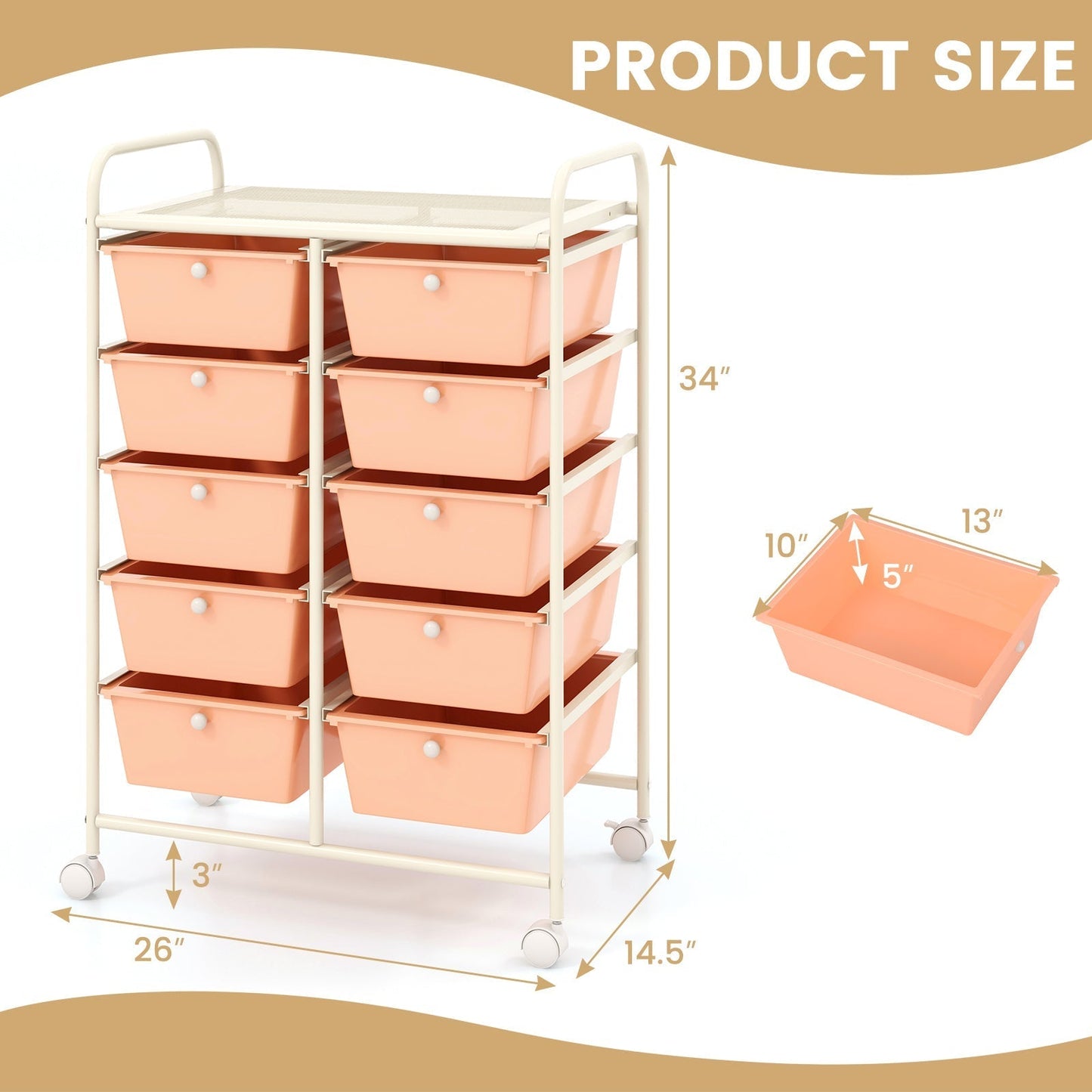 10-Drawer Rolling Storage Cart-Peach