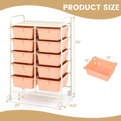 10-Drawer Rolling Storage Cart-Peach