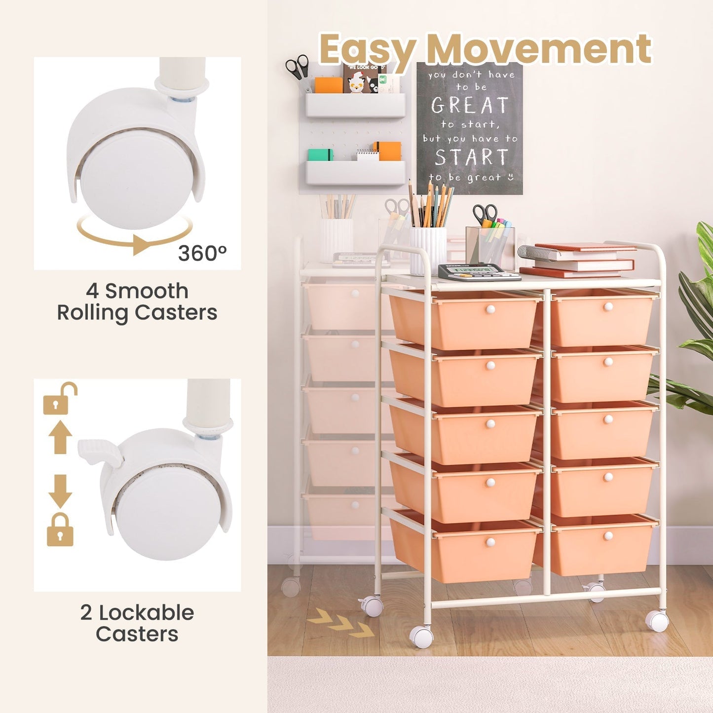 10-Drawer Rolling Storage Cart-Peach
