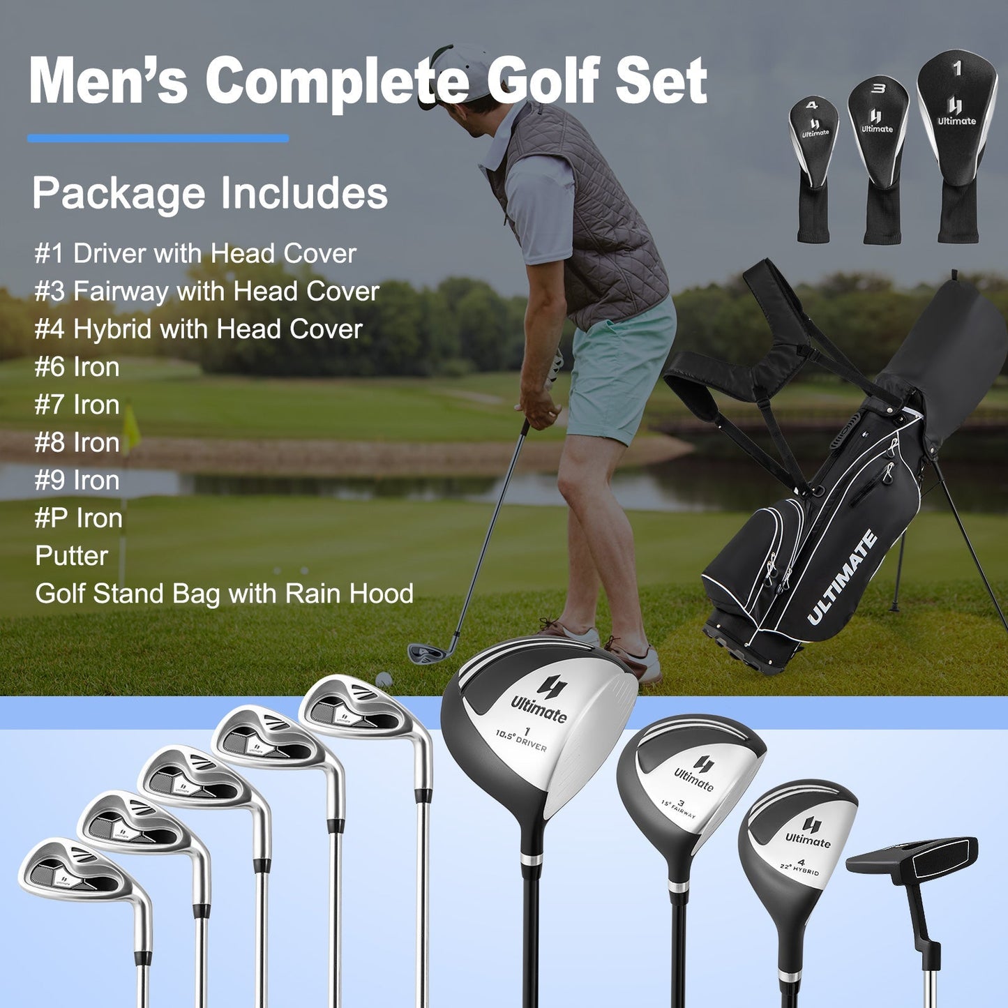 Complete Golf Club Package Set with oversize aluminum driver for Outdoor Use-Black