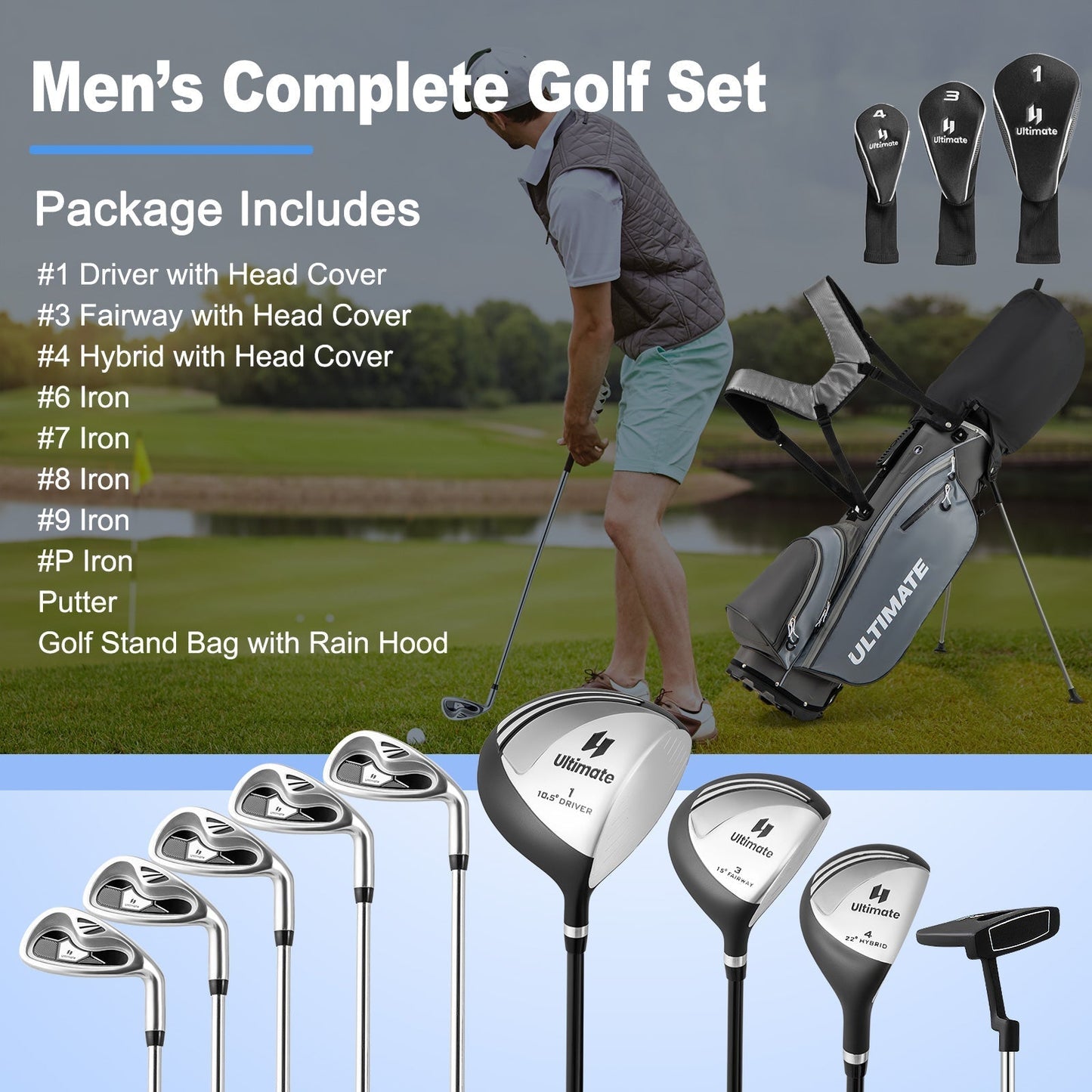 Complete Golf Club Package Set with oversize aluminum driver for Outdoor Use-Grey