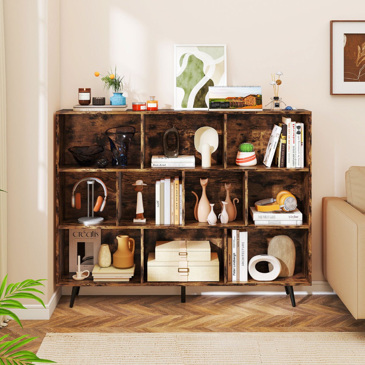 10-Cube Bookcase 140 CM Storage Organizer with 5 Tapered Metal Legs-Coffee