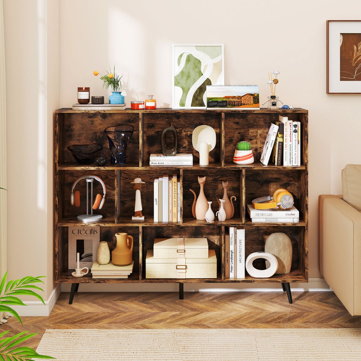 10-Cube Bookcase 140 CM Storage Organizer with 5 Tapered Metal Legs-Coffee