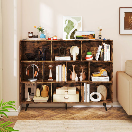 10-Cube Bookcase 140 CM Storage Organizer with 5 Tapered Metal Legs-Coffee