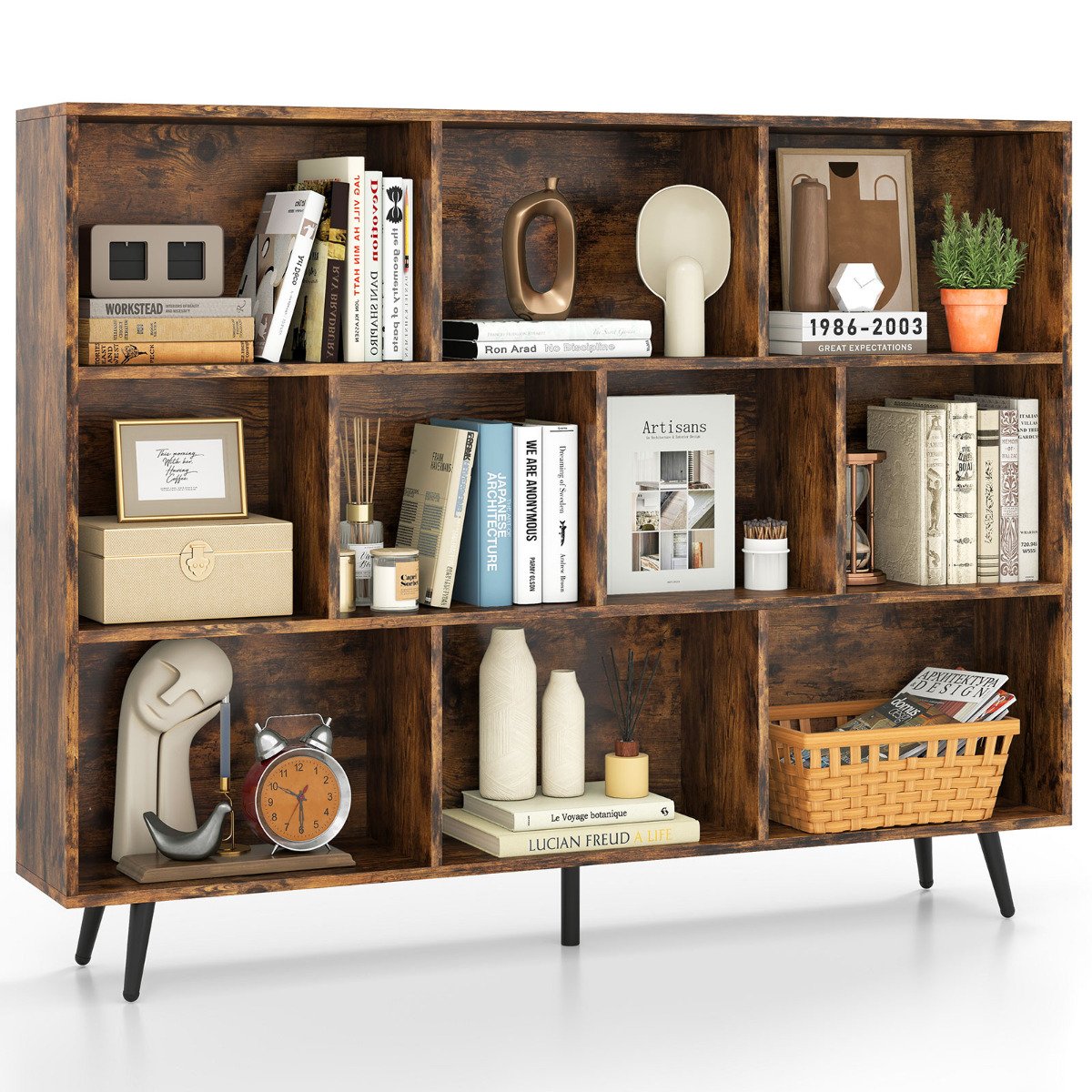 10-Cube Bookcase 140 CM Storage Organizer with 5 Tapered Metal Legs-Coffee