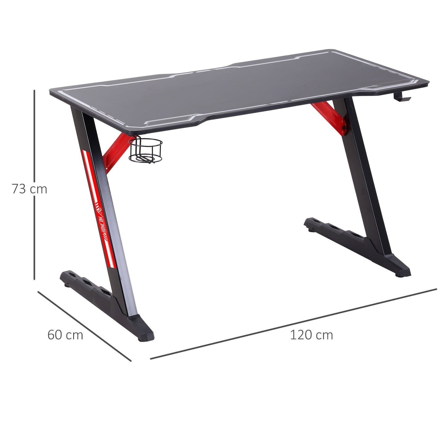 LED Gaming Desk, 120cm Racing Style Computer Table with Lights Cup Holder Headphone Hook Cable Management E-Sport Study Workstation Black