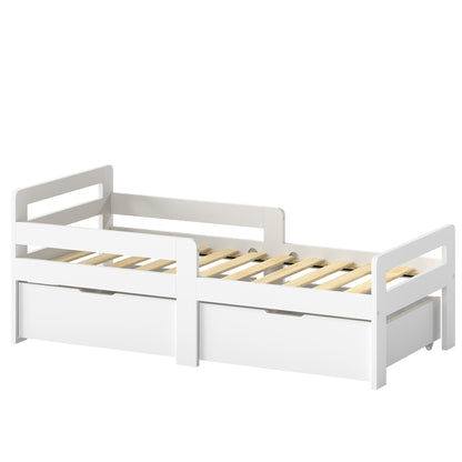AIYAPLAY Wooden Kids Bed Frame with 2 Storage Drawers and Guard Rails for Ages 4-14, 144 x 76 x 57 cm (No Mattress), White