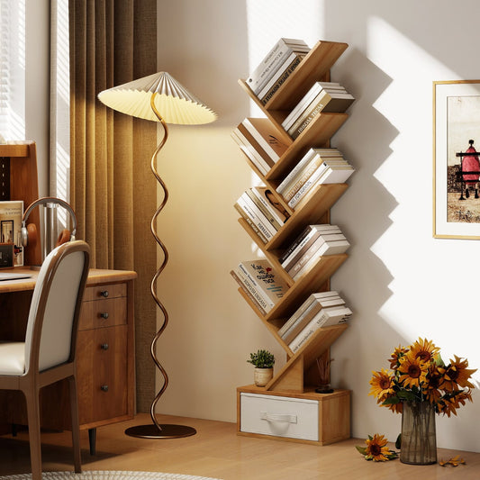 10-Tier Freestanding Tree Bookshelf with Drawer-Beige