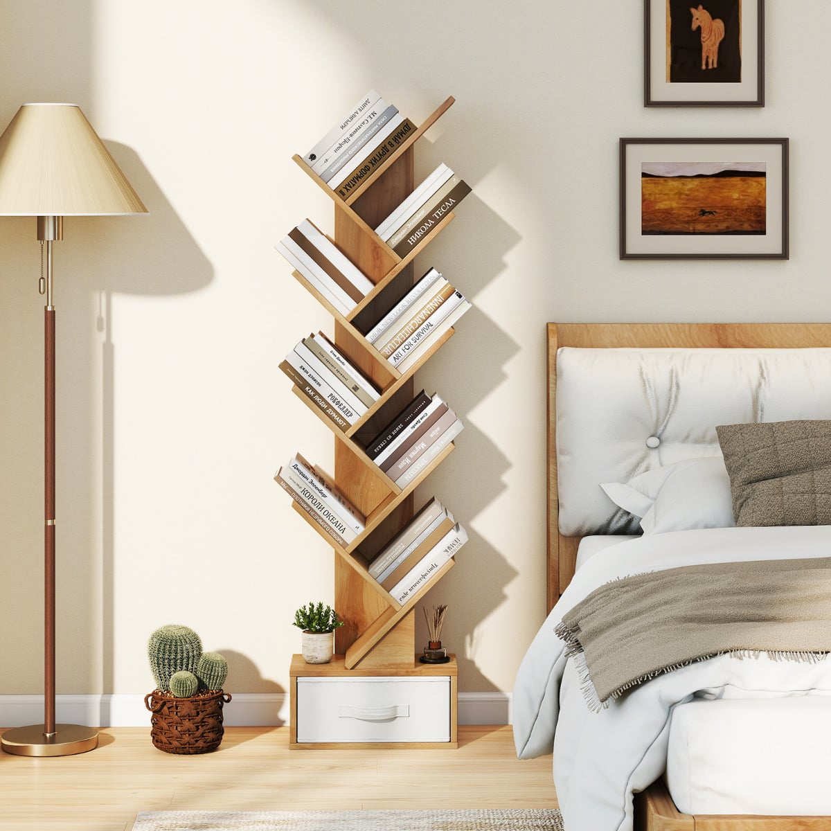 10-Tier Freestanding Tree Bookshelf with Drawer-Beige