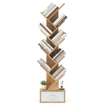 10-Tier Freestanding Tree Bookshelf with Drawer-Beige