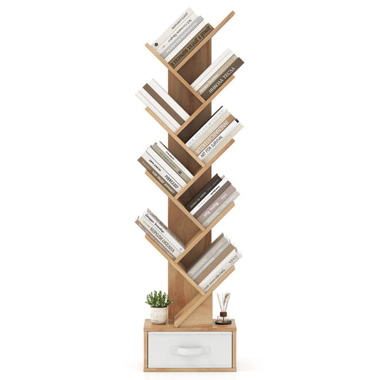 10-Tier Freestanding Tree Bookshelf with Drawer-Beige