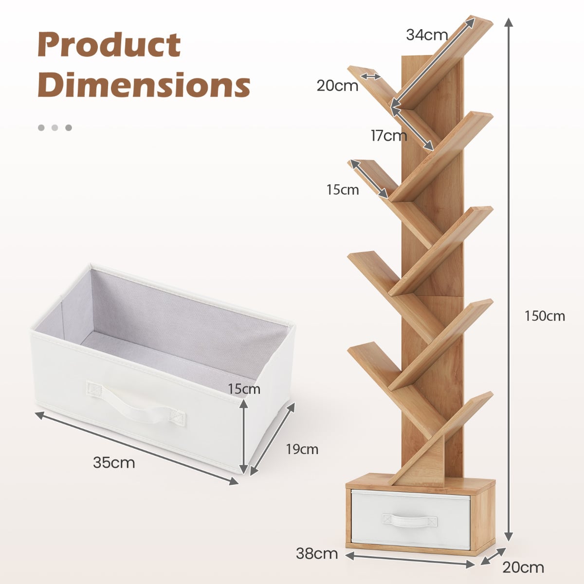 10-Tier Freestanding Tree Bookshelf with Drawer-Beige