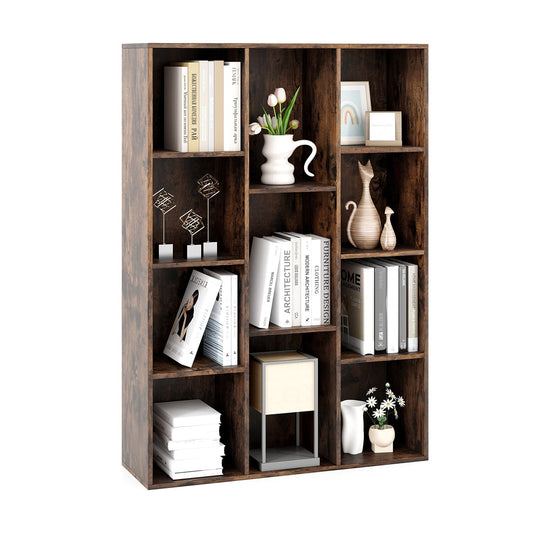 11-Cube Bookcase Modern Geometric Bookshelf with Anti-tipping Kits in Rustic Brown