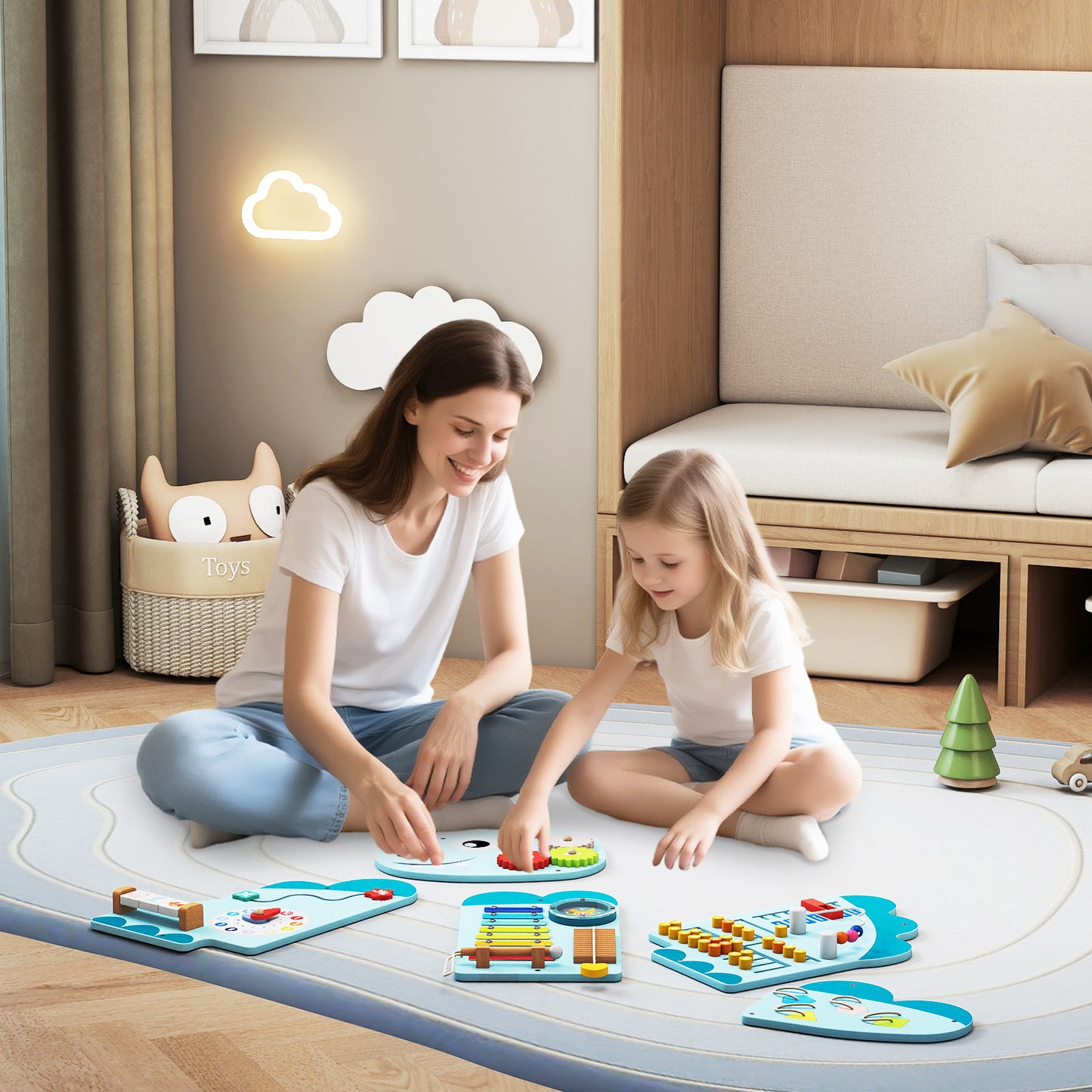 11-in-1 Dinosaur Activity Wall Busy Board Panels for Toddlers-Blue