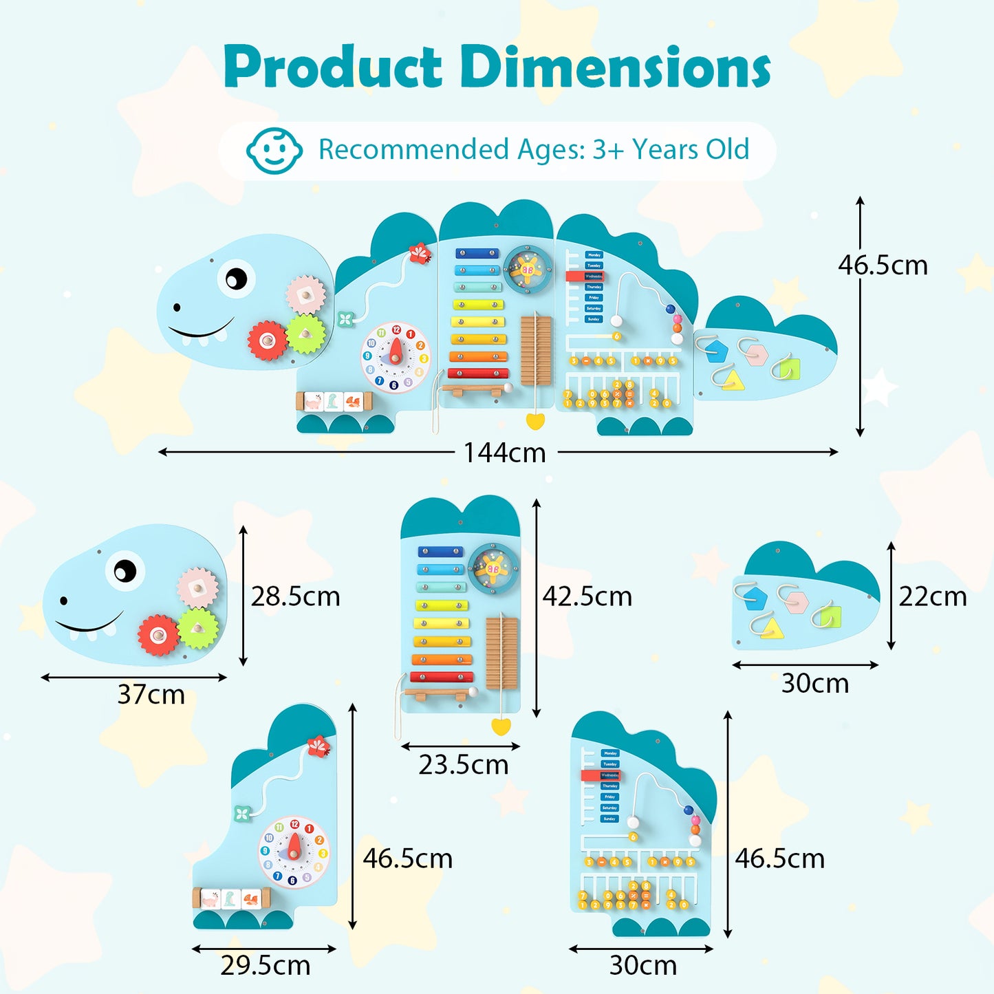 11-in-1 Dinosaur Activity Wall Busy Board Panels for Toddlers-Blue