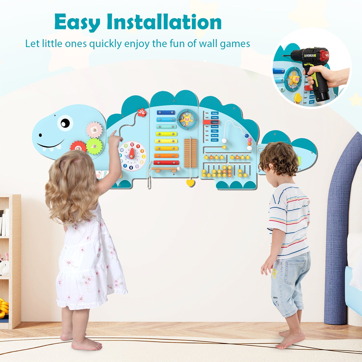 11-in-1 Dinosaur Activity Wall Busy Board Panels for Toddlers-Blue
