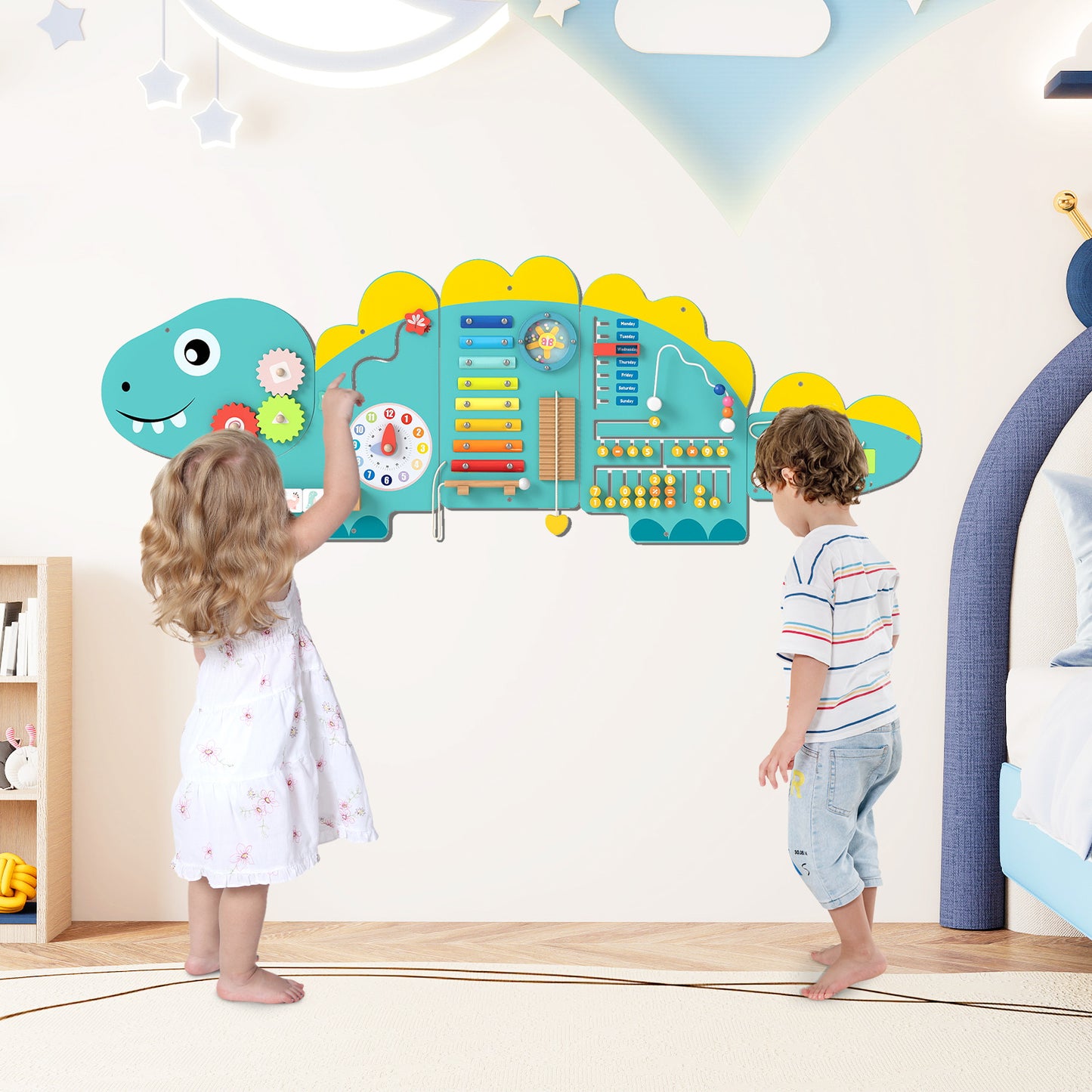 11-in-1 Dinosaur Activity Wall Busy Board Panels for Toddlers-Green