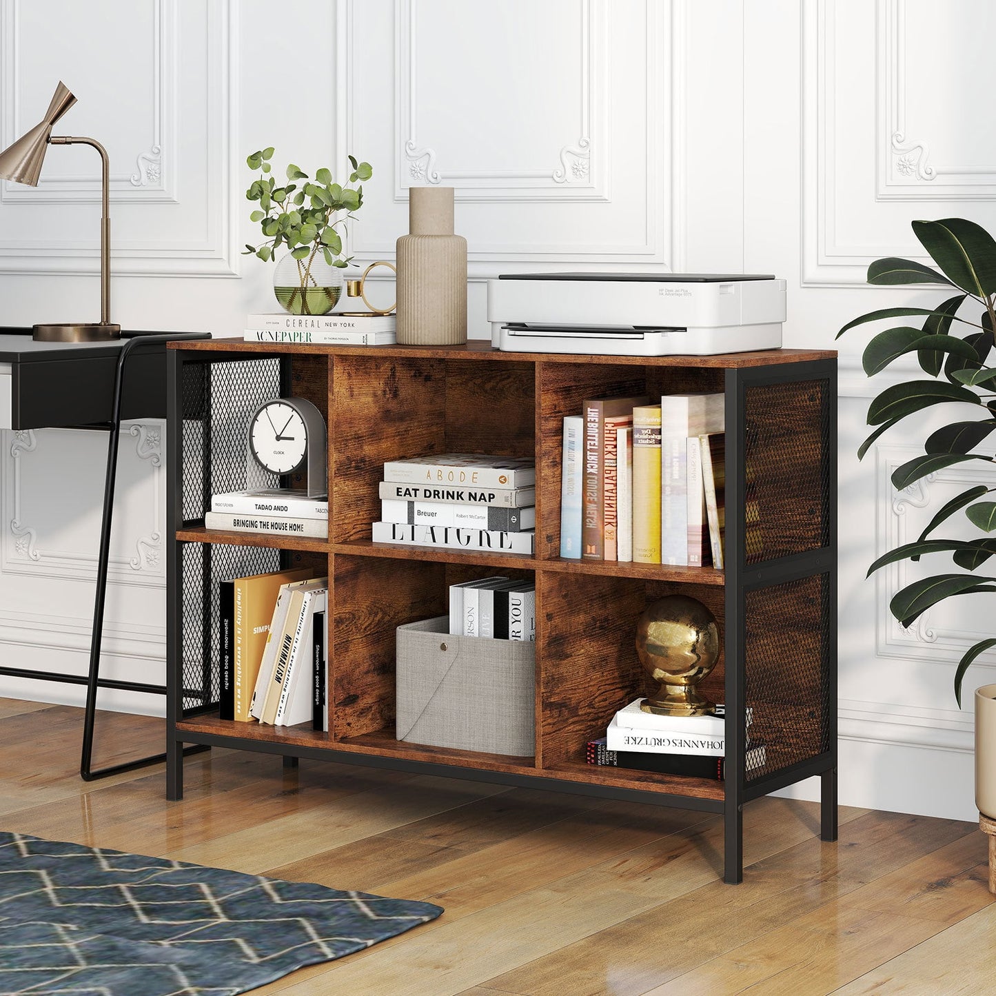 110 CM 6 Cube Bookcase with Heavy-Duty Metal Frame for Home Office-Rustic Brown
