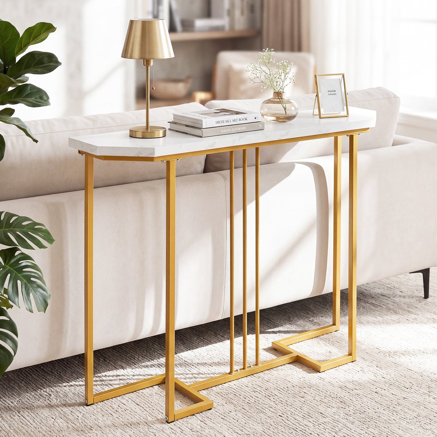 110 CM Narrow Entryway Table with Faux Marble Top for Living Room-White