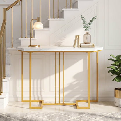 110 CM Narrow Entryway Table with Faux Marble Top for Living Room-White